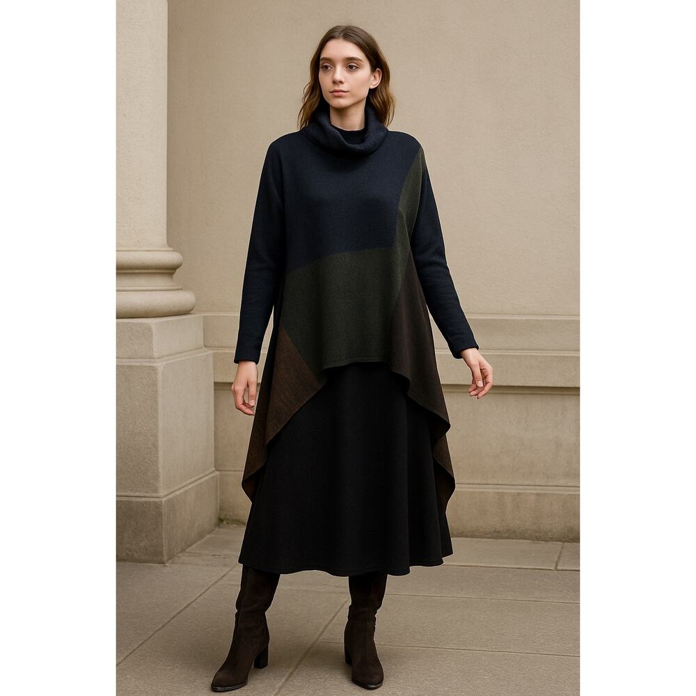 Curio New York Cowlneck Sweater M Pullover Color Block Blk Asymmetric Lagenlook